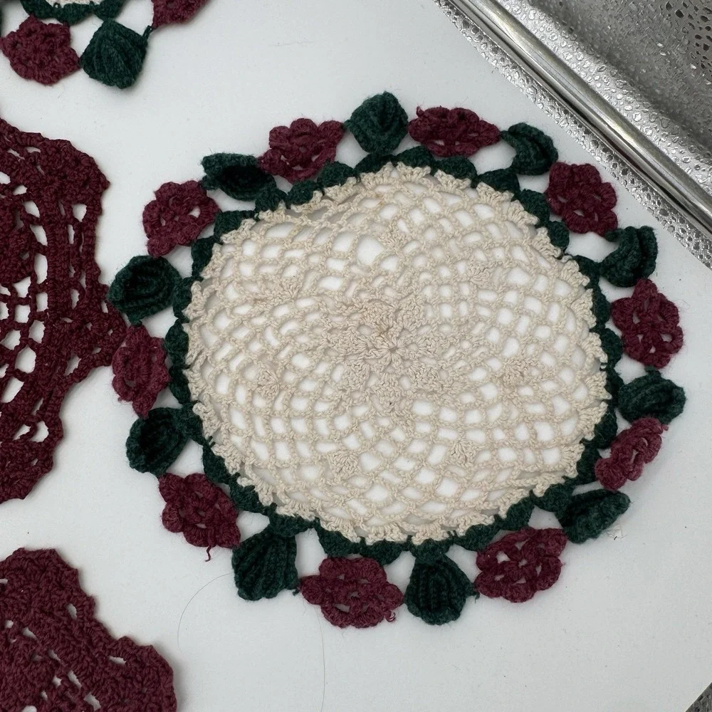 Vintage Crochet Doilies Lot 13 Green Burgundy‎ Cotton Holiday Cottagecore
